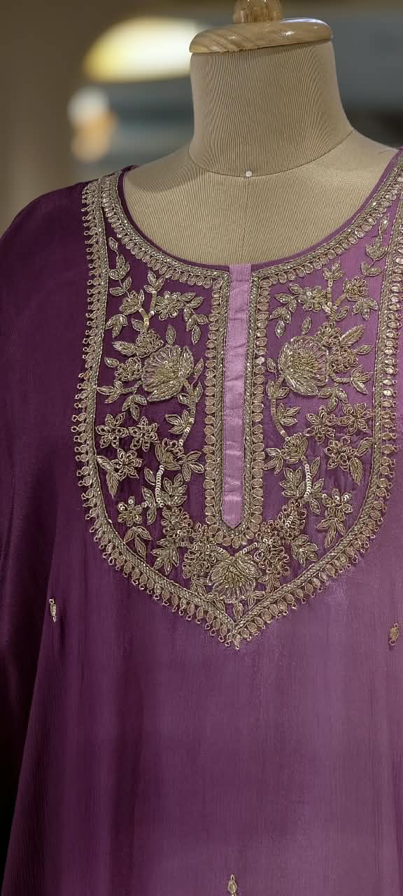 Ombre Elegance Embroidery Handwork Over Neck Chinon Kaftan With Matching Bottom- 15501
