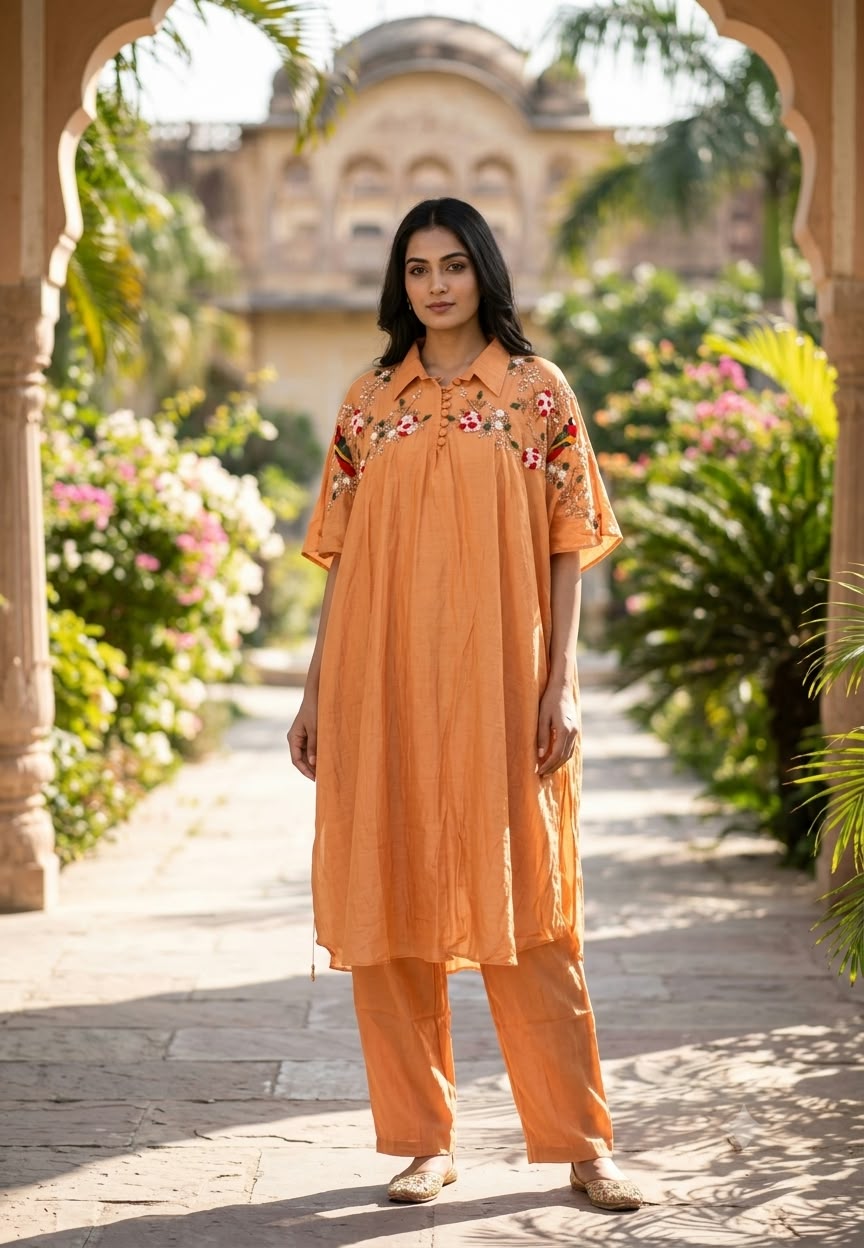 Cute Tiny Floral Highlights Over Shoulder Mul-Chanderi Kurta Pant Set- 16302