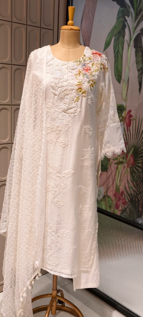 Ivory Cut-Dana Embellished 3D Floral Embroidered Premium Cotton Full Suit Set With Dupatta- 15191