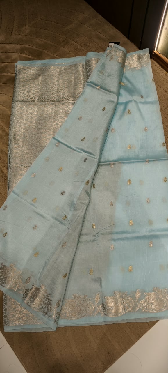 Moonga Muslin Banarasi Silk Saree with Traditional Gold Zari Brocade and Floral Bootis- 16542