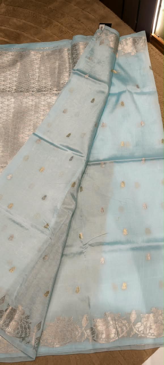Moonga Muslin Banarasi Silk Saree with Traditional Gold Zari Brocade and Floral Bootis- 16542