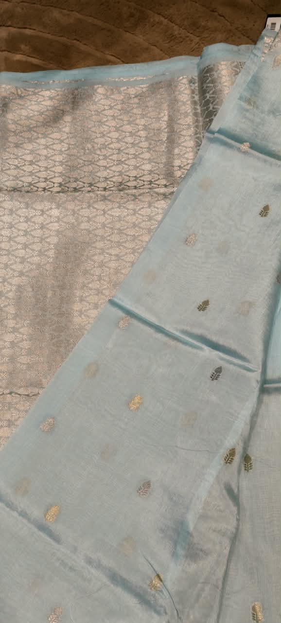 Moonga Muslin Banarasi Silk Saree with Traditional Gold Zari Brocade and Floral Bootis- 16542