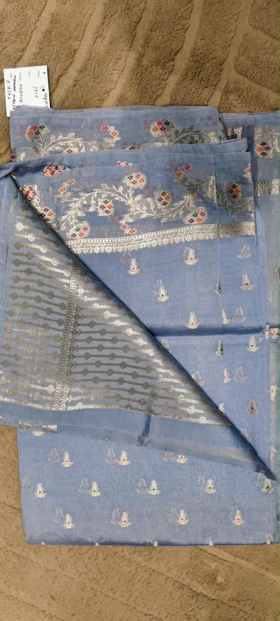 Handcrafted Moonga Muslin Banarasi Saree Featuring Vibrant Meenakari Floral Bootis and Rich Zari Weave- 16542