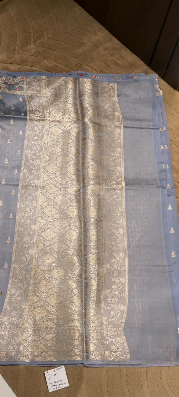 Handcrafted Moonga Muslin Banarasi Saree Featuring Vibrant Meenakari Floral Bootis and Rich Zari Weave- 16542