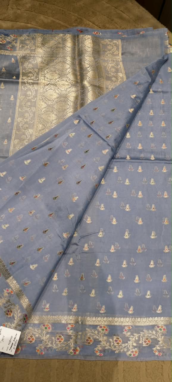 Handcrafted Moonga Muslin Banarasi Saree Featuring Vibrant Meenakari Floral Bootis and Rich Zari Weave- 16542