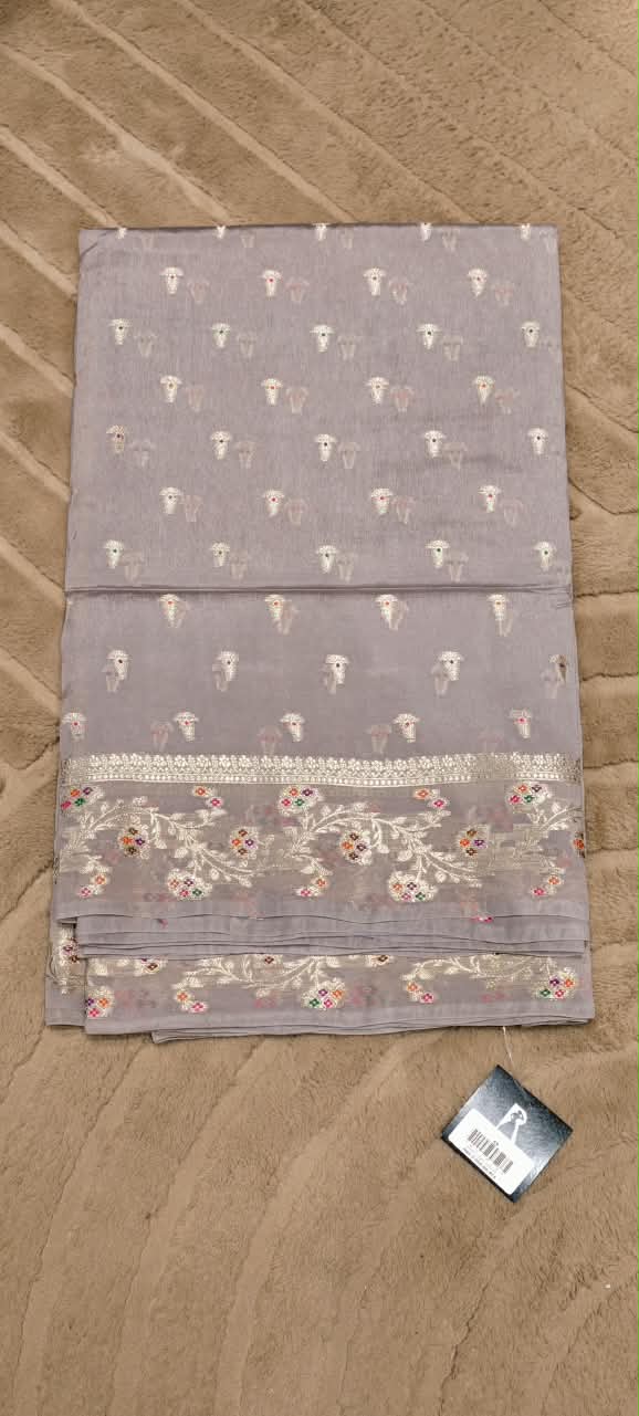 Handcrafted Moonga Muslin Banarasi Saree Featuring Vibrant Meenakari Floral Bootis and Rich Zari Weave- 16542