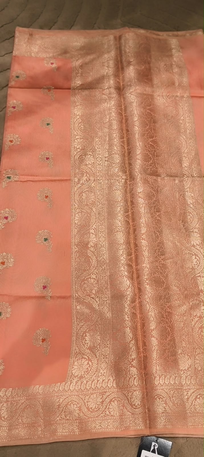 Exquisite Moonga Muslin Banarasi Saree with Intricate Silver-Gold Zari Floral Motifs- 16542