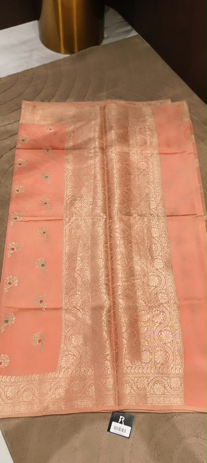 Exquisite Moonga Muslin Banarasi Saree with Intricate Silver-Gold Zari Floral Motifs- 16542