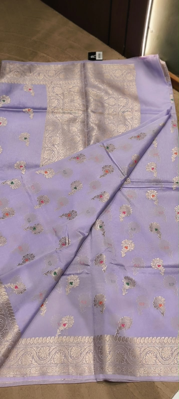 Exquisite Moonga Muslin Banarasi Saree with Intricate Silver-Gold Zari Floral Motifs- 16542