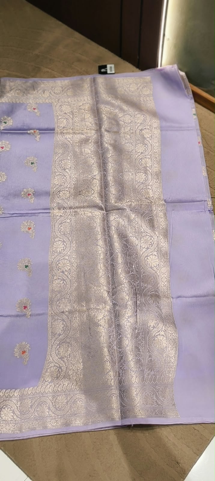 Exquisite Moonga Muslin Banarasi Saree with Intricate Silver-Gold Zari Floral Motifs- 16542