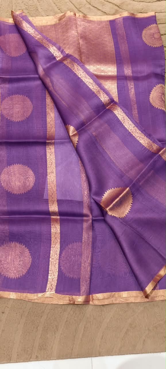 Designer Pure Kora Handloom Banarasi Saree with Striking Circular Mandala and Stripe Patterns- 16545
