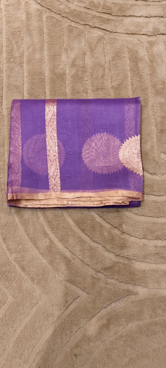 Designer Pure Kora Handloom Banarasi Saree with Striking Circular Mandala and Stripe Patterns- 16545