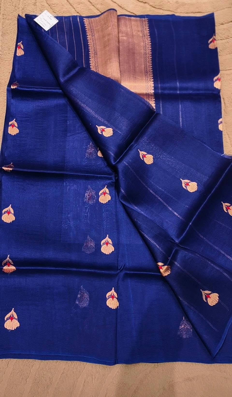 Royal Blue Handloom Pure Kora Banarasi Saree With Traditional Floral Motifs- 16545