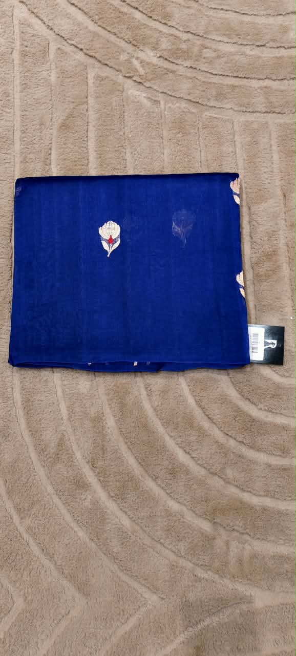 Royal Blue Handloom Pure Kora Banarasi Saree With Traditional Floral Motifs- 16545