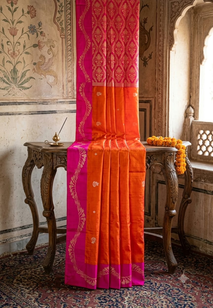 Vibrant Pure Katan Banarasi Handloom Dual-Tone Unstitched Saree with Elaborate Paisley Zari Border- 16547