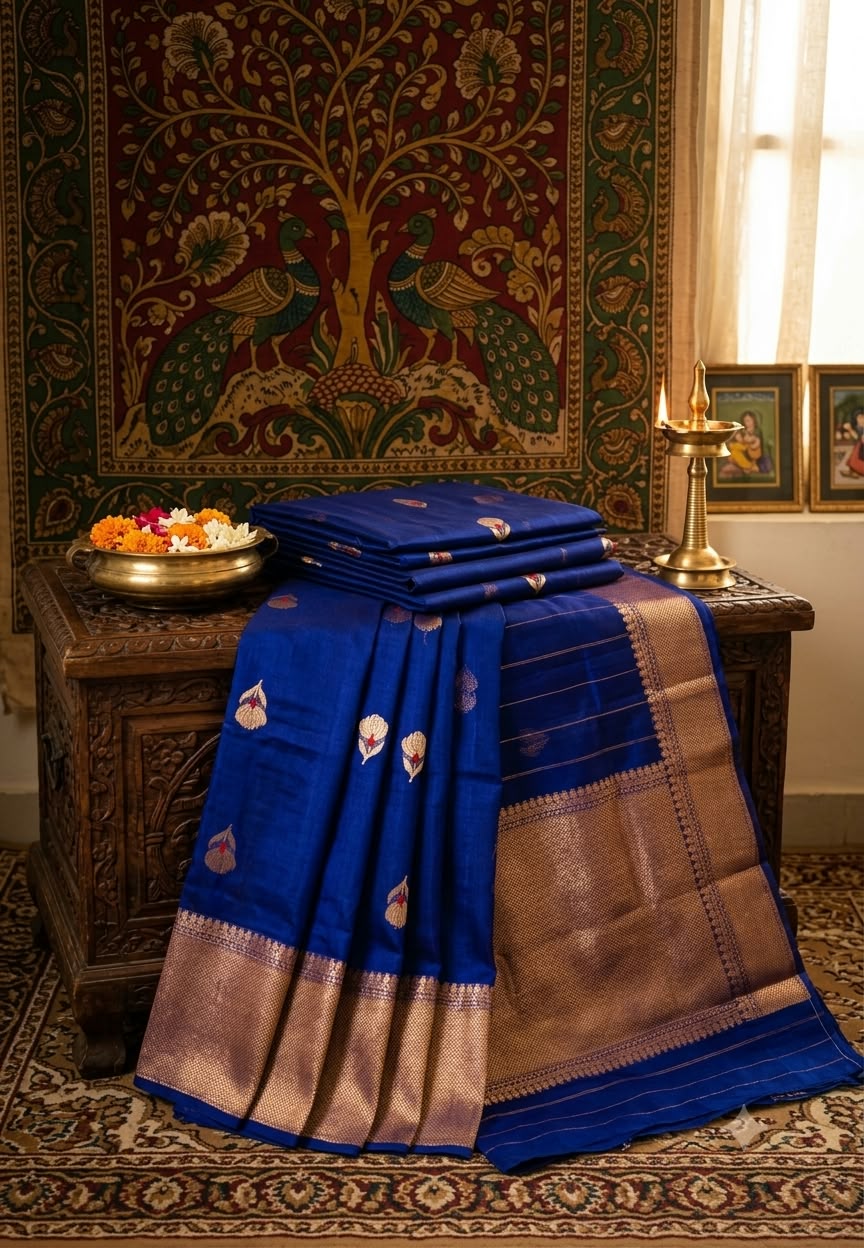 Royal Blue Handloom Pure Kora Banarasi Saree With Traditional Floral Motifs- 16545