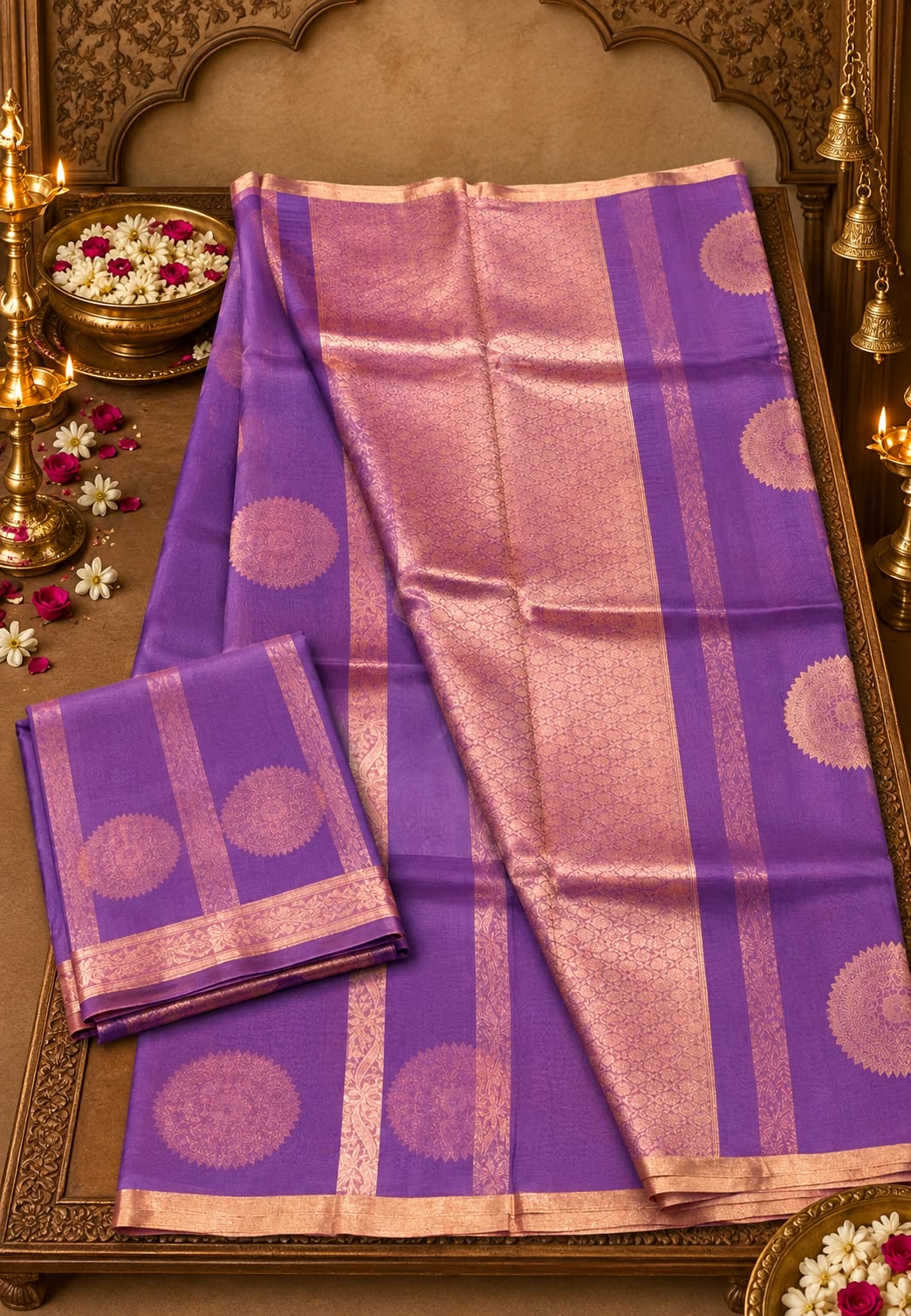 Designer Pure Kora Handloom Banarasi Saree with Striking Circular Mandala and Stripe Patterns- 16545