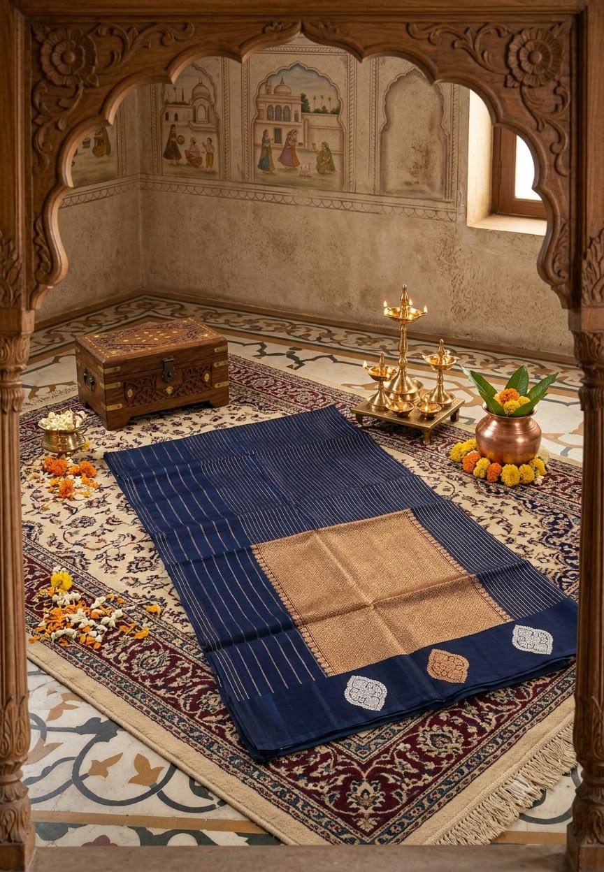 Classic Kora Handloom Banarasi Saree with Fine Zari Stripes and Rich Woven Pallu- 16550