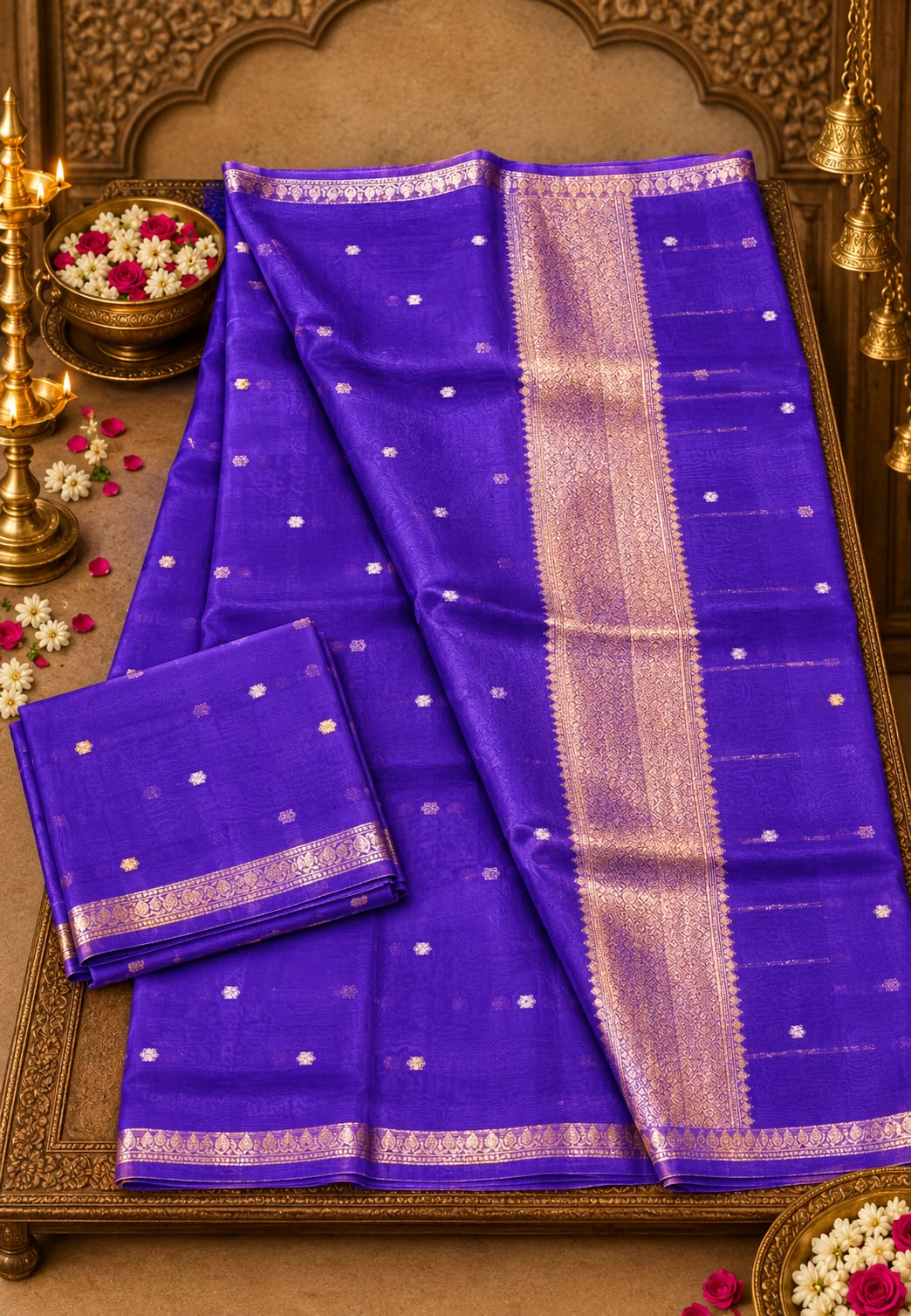 Kora Moti Buti Banarasi Silk Royal Shade Saree with Classic Golden Handwoven Touch- 16548