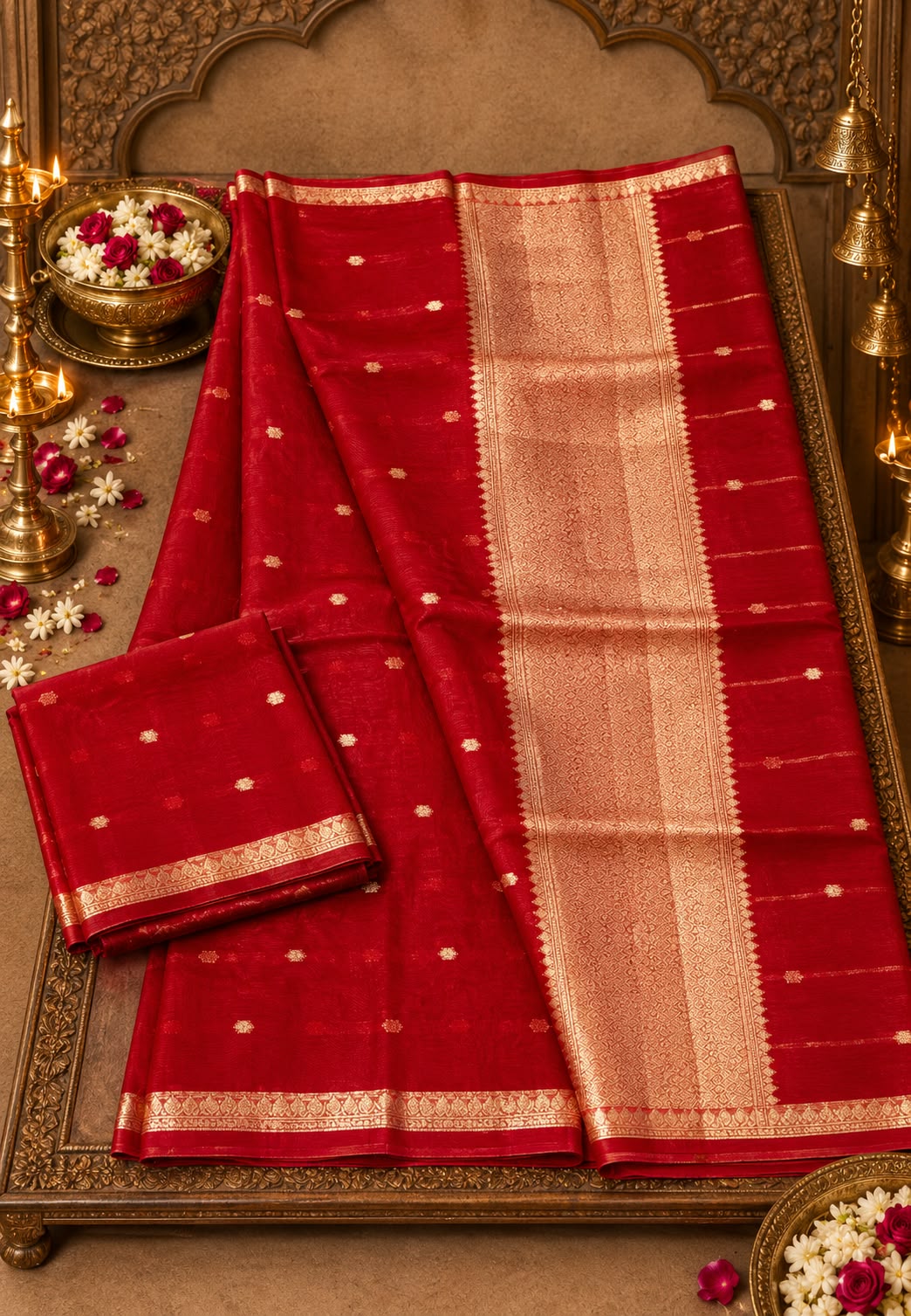 Kora Moti Buti Banarasi Silk Royal Shade Saree with Classic Golden Handwoven Touch- 16548