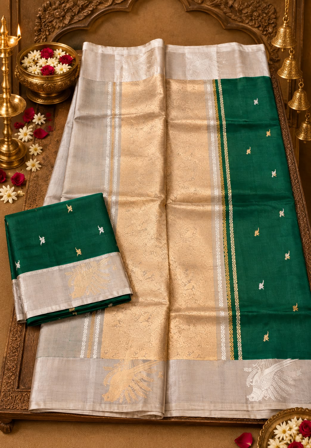 Luxurious Raw Silk Handloom Banarasi Emerald Green Saree with Heavy Golden Zari Pallu and Birds Motifs- 16551