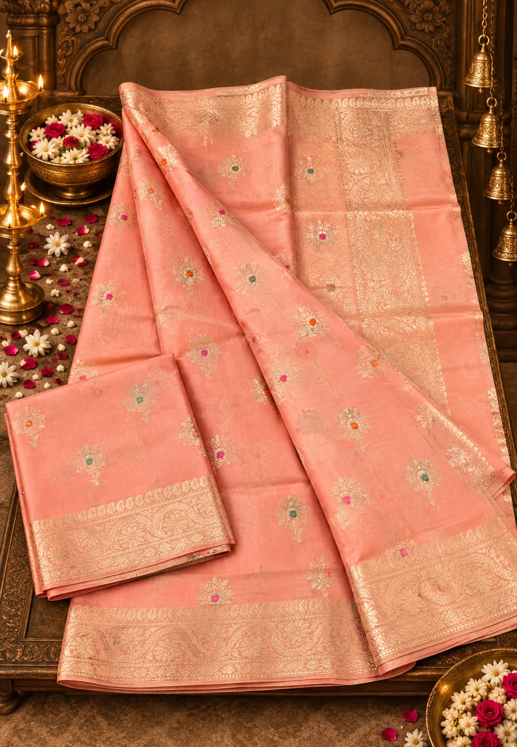 Exquisite Moonga Muslin Banarasi Saree with Intricate Silver-Gold Zari Floral Motifs- 16542