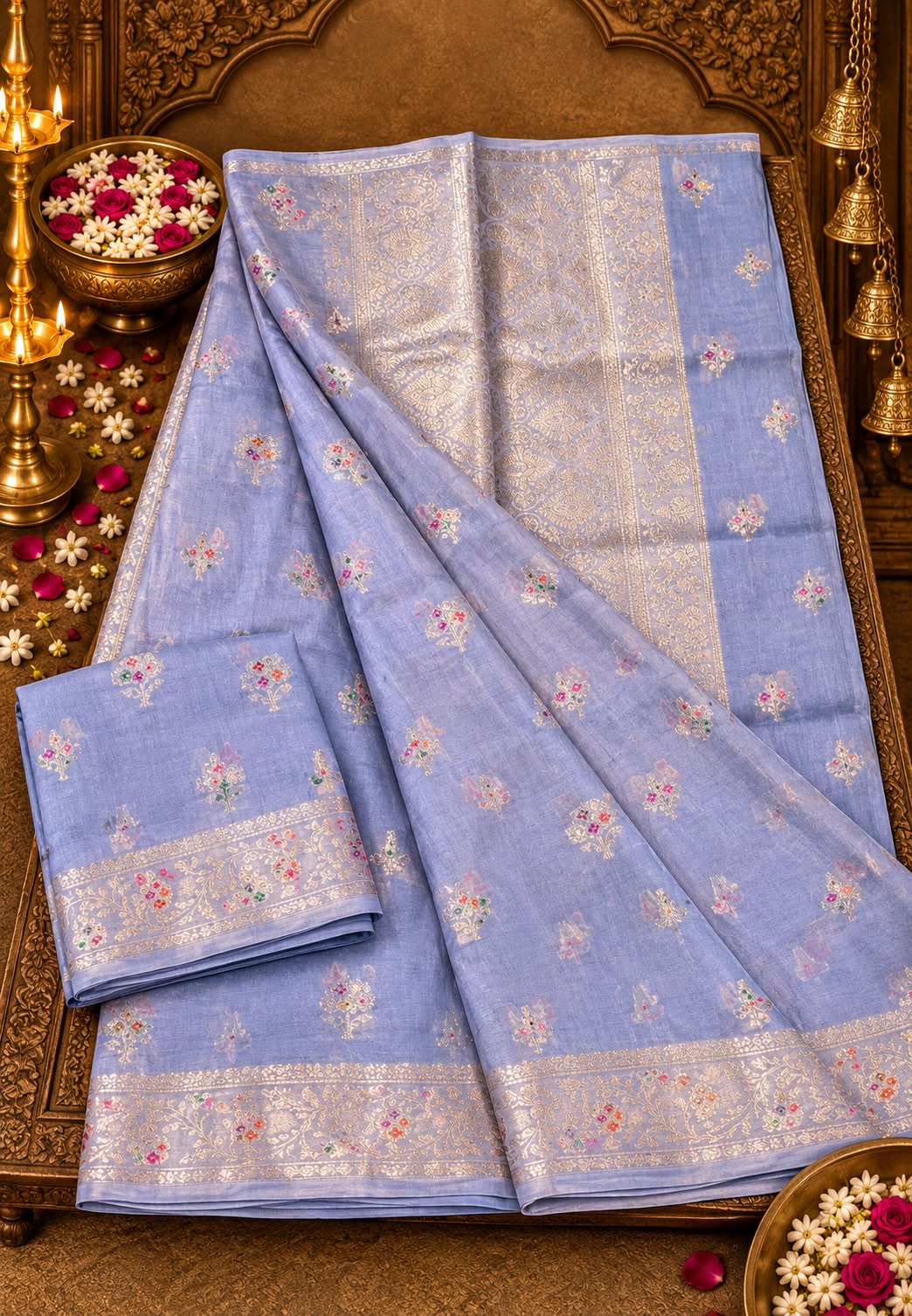Handcrafted Moonga Muslin Banarasi Saree Featuring Vibrant Meenakari Floral Bootis and Rich Zari Weave- 16542