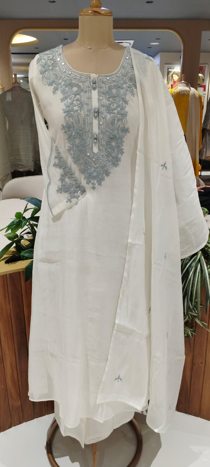 Fine Floral Chikankari Look Embroidery Mul-Chanderi Full Suit Set With Dupatta- 16125