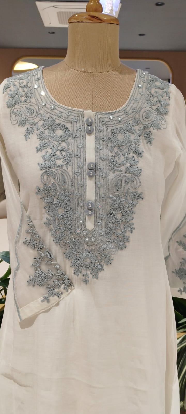 Fine Floral Chikankari Look Embroidery Mul-Chanderi Full Suit Set With Dupatta- 16125