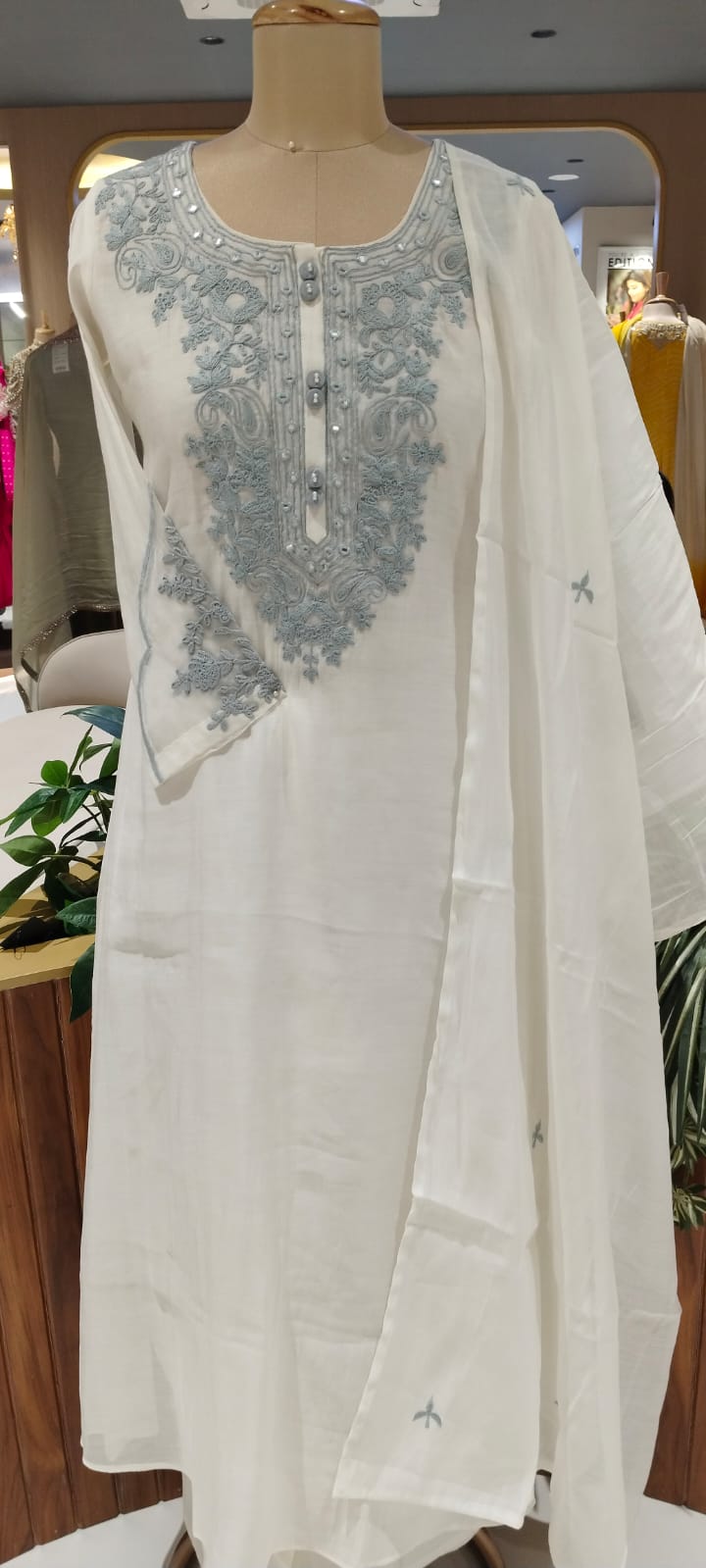 Fine Floral Chikankari Look Embroidery Mul-Chanderi Full Suit Set With Dupatta- 16125