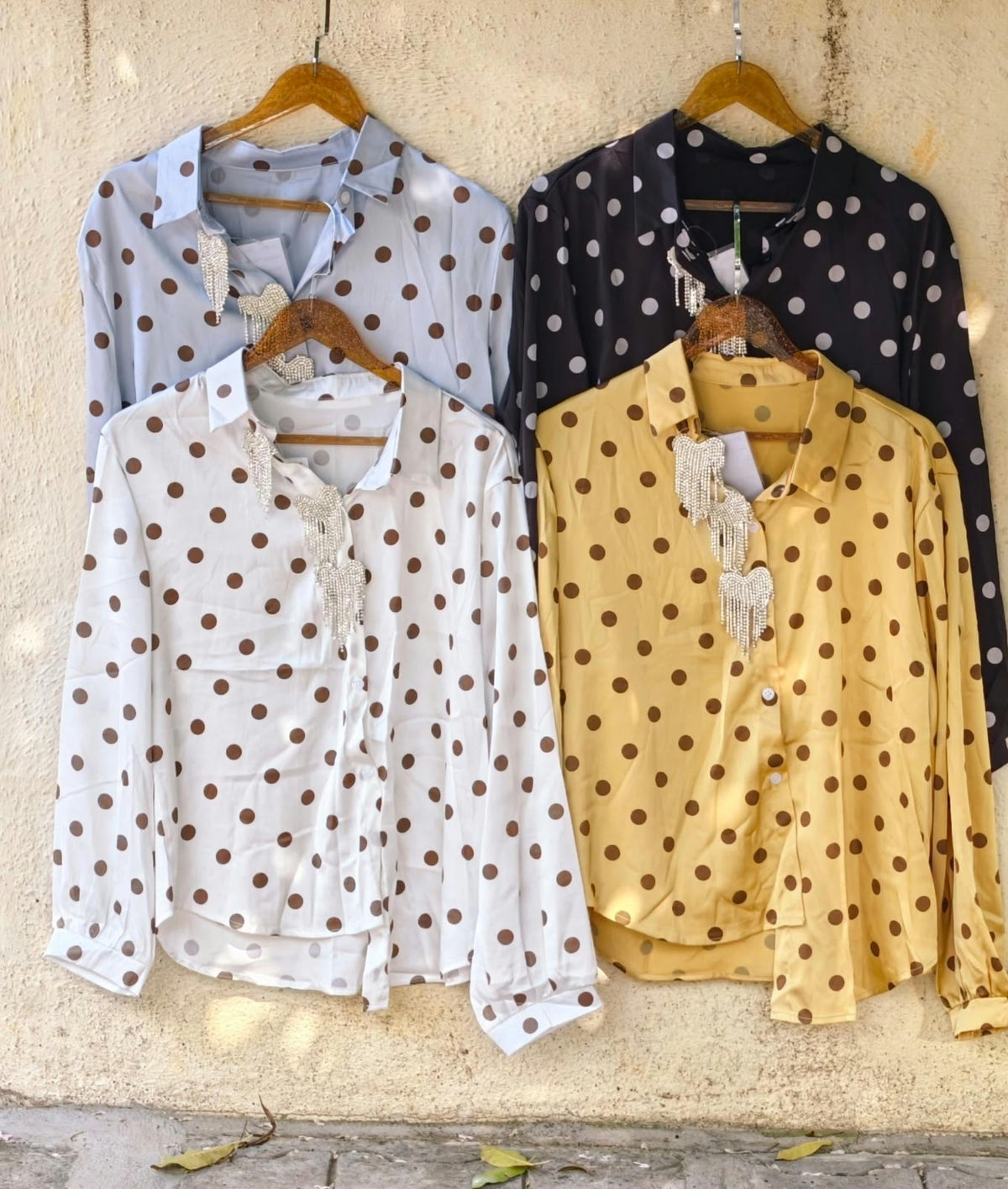 Heart Shaped Syroski Stone Batch Hang Retro Polka Dotted Imported Shirt- 16181