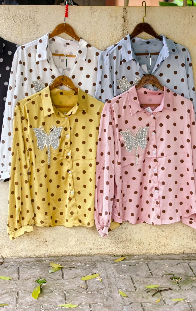 Butterfly Shaped Syroski Stone Batch Hang Retro Polka Dotted Imported Shirt- 16181