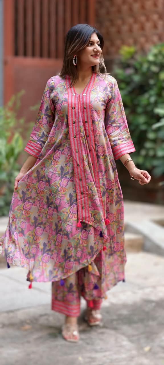 Cheerful Floral Blossom Flap Style Flared Multicolor Kurta With Matching Loose Bottom- 16573