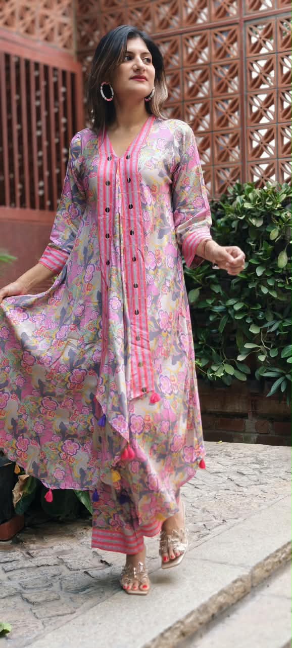 Cheerful Floral Blossom Flap Style Flared Multicolor Kurta With Matching Loose Bottom- 16573