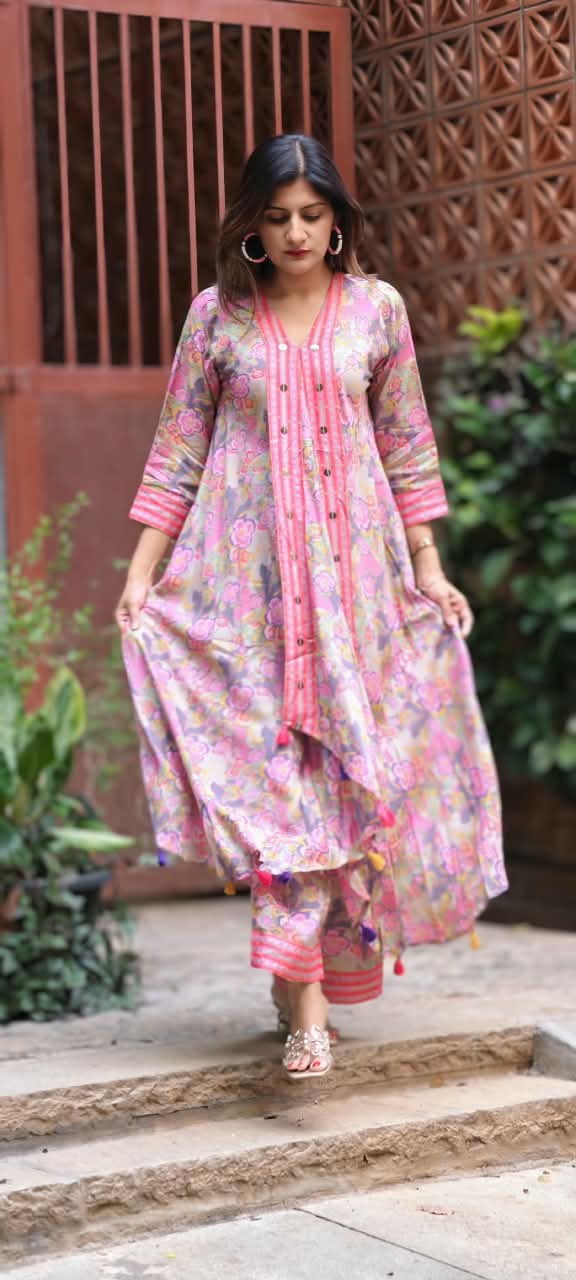 Cheerful Floral Blossom Flap Style Flared Multicolor Kurta With Matching Loose Bottom- 16573
