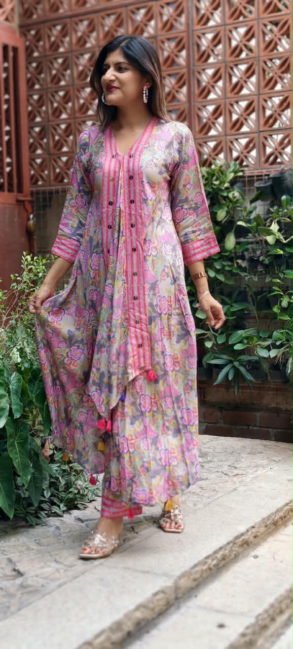 Cheerful Floral Blossom Flap Style Flared Multicolor Kurta With Matching Loose Bottom- 16573