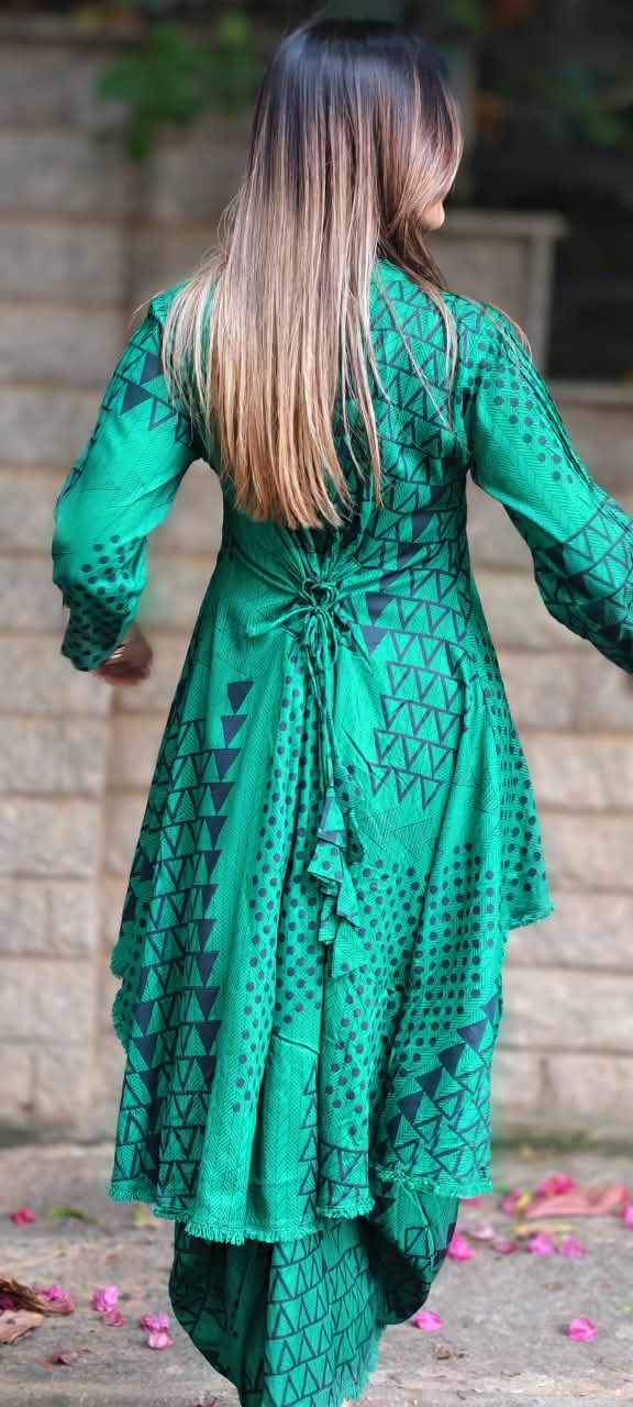 Stunning Geometric Print Cotton Kurta Pant Look Attached Indo-Wear With Threaded Neck Piece- 16572