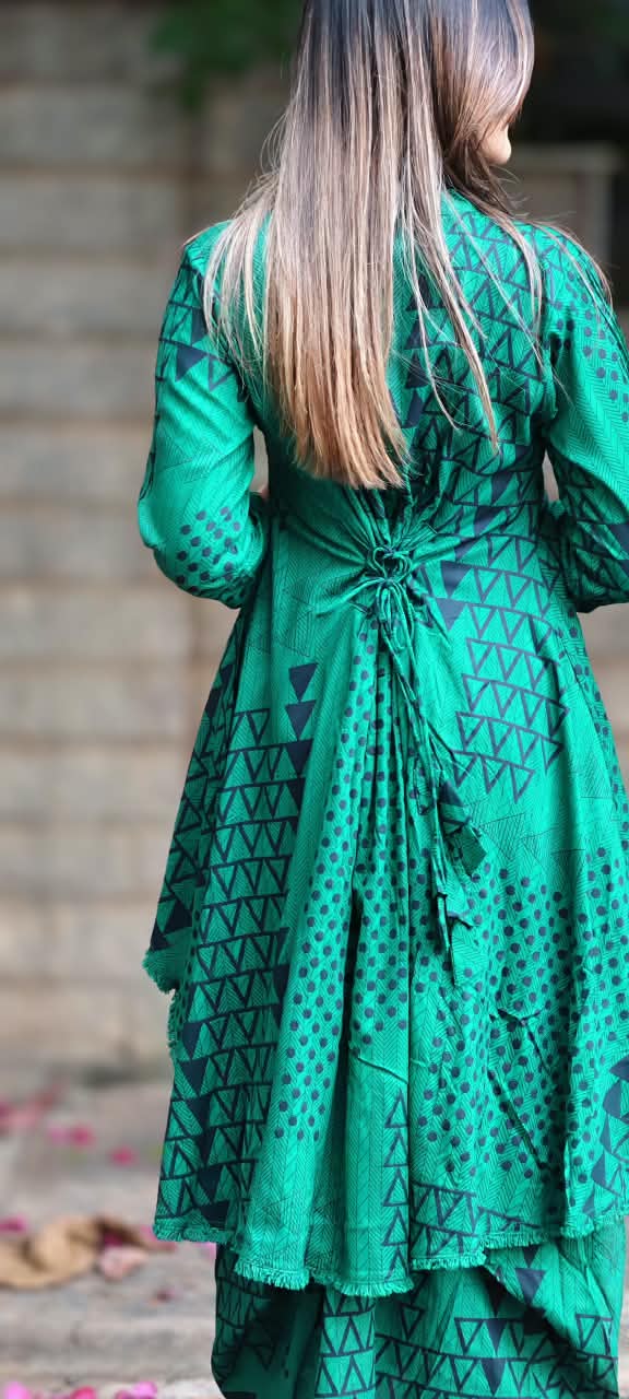 Stunning Geometric Print Cotton Kurta Pant Look Attached Indo-Wear With Threaded Neck Piece- 16572