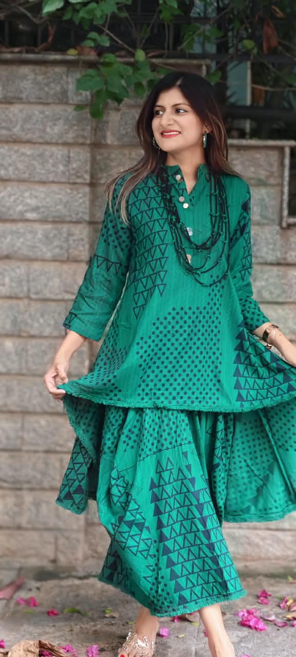 Stunning Geometric Print Cotton Kurta Pant Look Attached Indo-Wear With Threaded Neck Piece- 16572