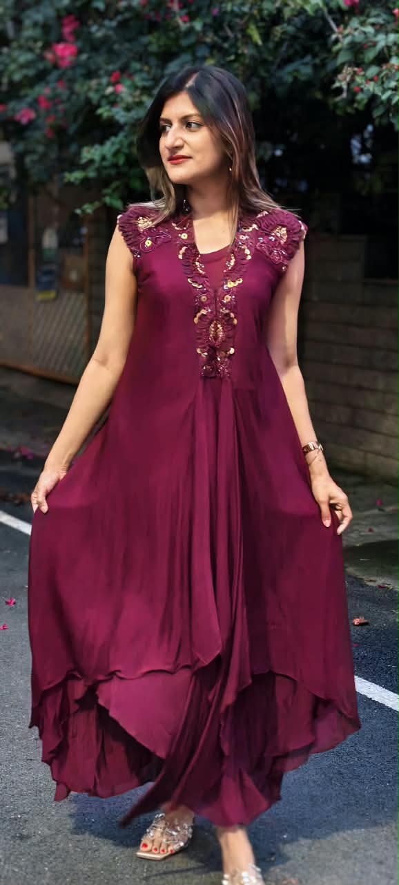 Floral Popped Sequin With Beaded Work Over Shoudler & Neckline Solid Chinon Indo Wear With Inner- 16538