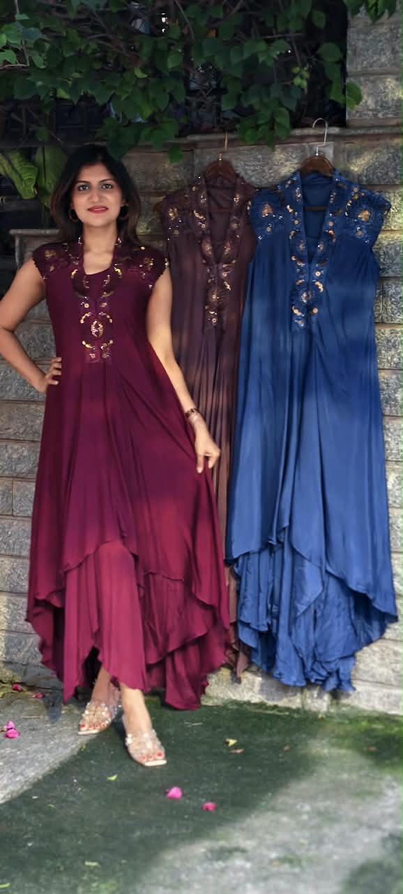 Floral Popped Sequin With Beaded Work Over Shoudler & Neckline Solid Chinon Indo Wear With Inner- 16538
