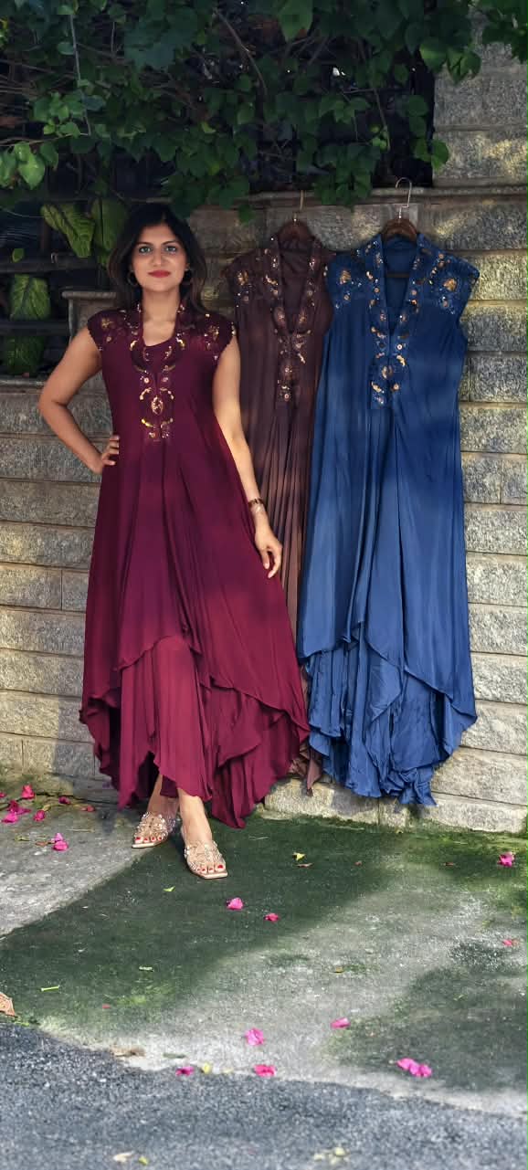 Floral Popped Sequin With Beaded Work Over Shoudler & Neckline Solid Chinon Indo Wear With Inner- 16538