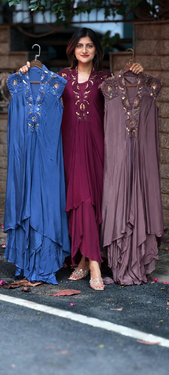 Floral Popped Sequin With Beaded Work Over Shoudler & Neckline Solid Chinon Indo Wear With Inner- 16538