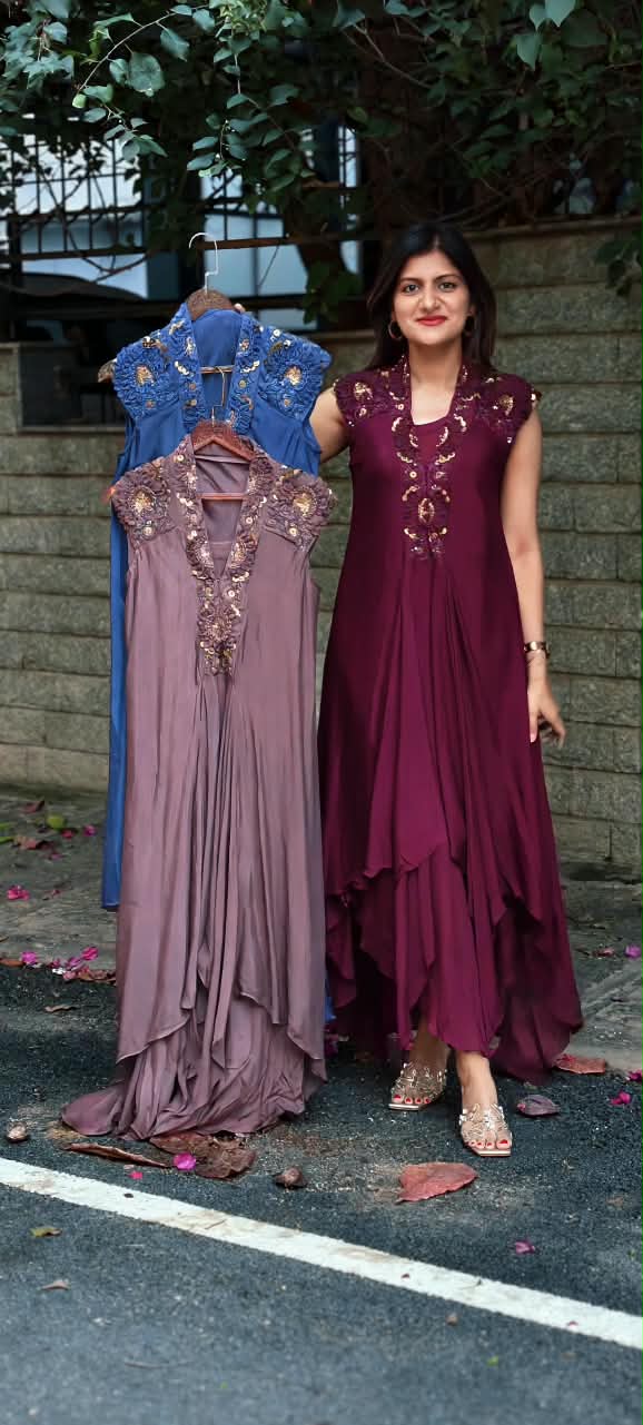 Floral Popped Sequin With Beaded Work Over Shoudler & Neckline Solid Chinon Indo Wear With Inner- 16538