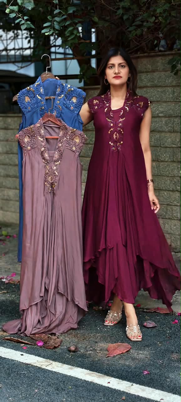 Floral Popped Sequin With Beaded Work Over Shoudler & Neckline Solid Chinon Indo Wear With Inner- 16538