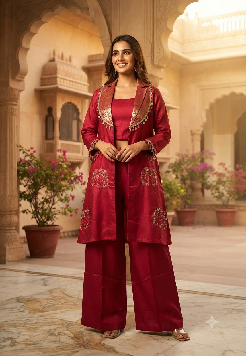 Brocade Flap Coin Tassels Collar With Intricate Elephant Embroidery Bright Co-Ord Set- 16601