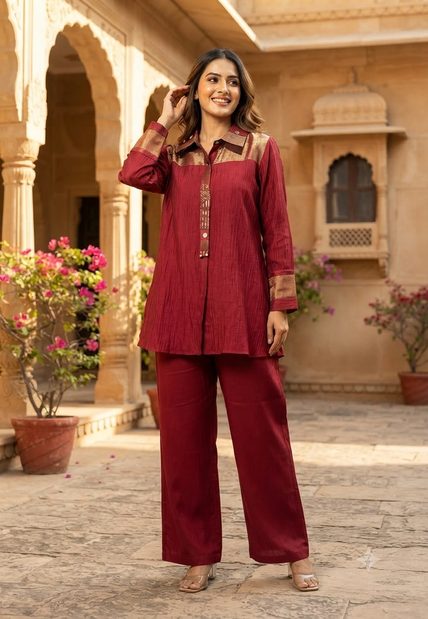 Pure Banarasi Mul-Chanderi Bustier Co-Ord Set With Golden Plackets Ovet Shoulder & Collar- 16594