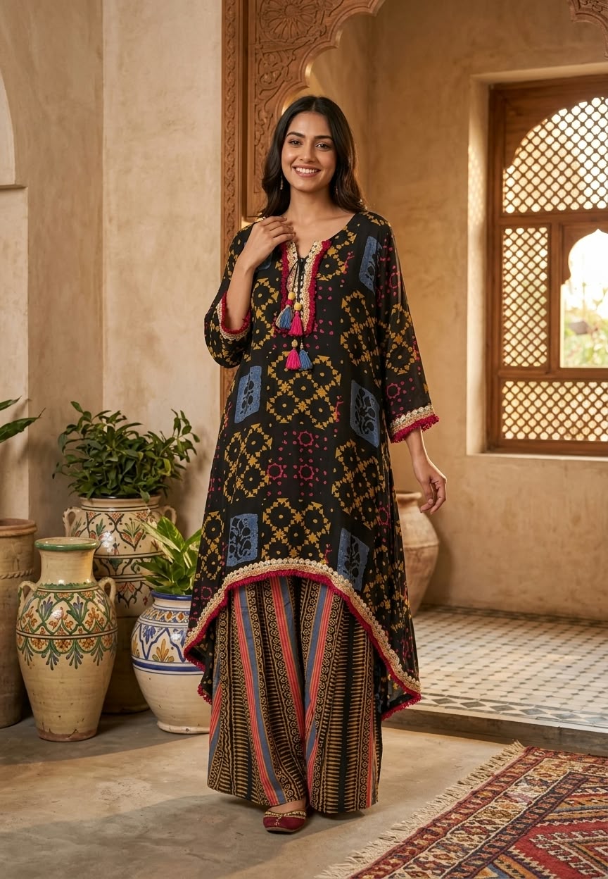 Festive Shimmer Lace Detailing Printed High-Low Tassels Kurta With Abstract Printed Loose Bottom-16579, 16578 (Loose Fit)