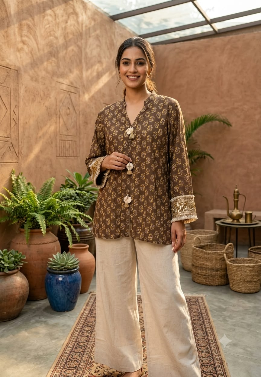 Zig-Zag Floral Block Prints With Fringe Patti Over Sleeve Kurta & Solid Plain Bottom Set- 16574