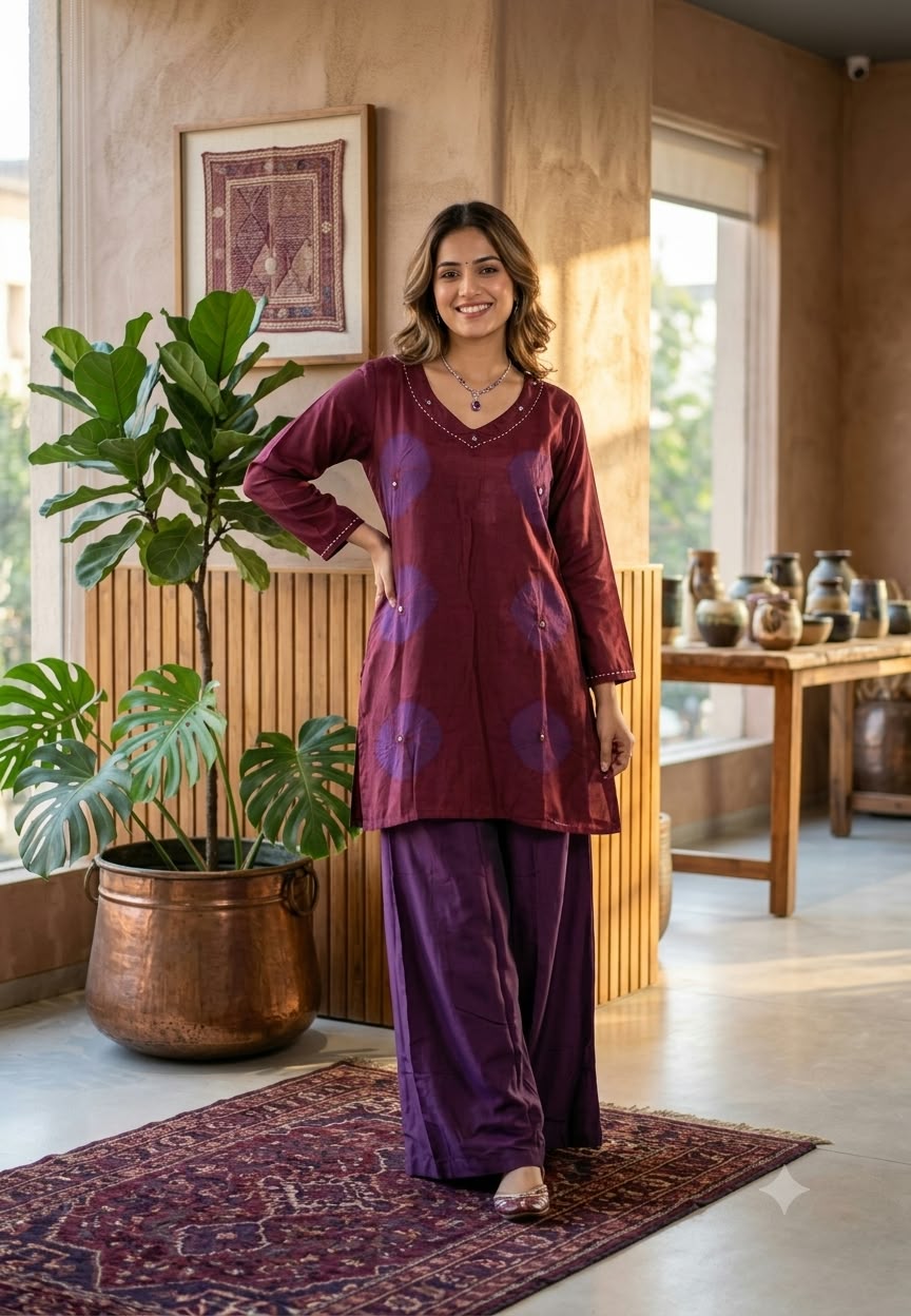 Tie-Dye Textured Kurta with Embroidered V-Neckline & Wide-Leg Pants Co-Ord Set- 16561